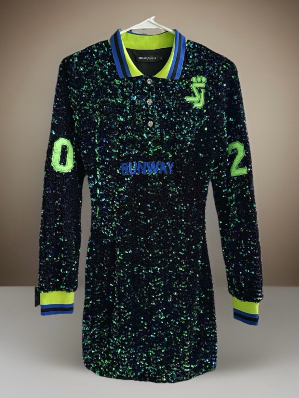 Shane Justin Runway Sequin Polo Dress Large Black Green Blue Pageant Pride